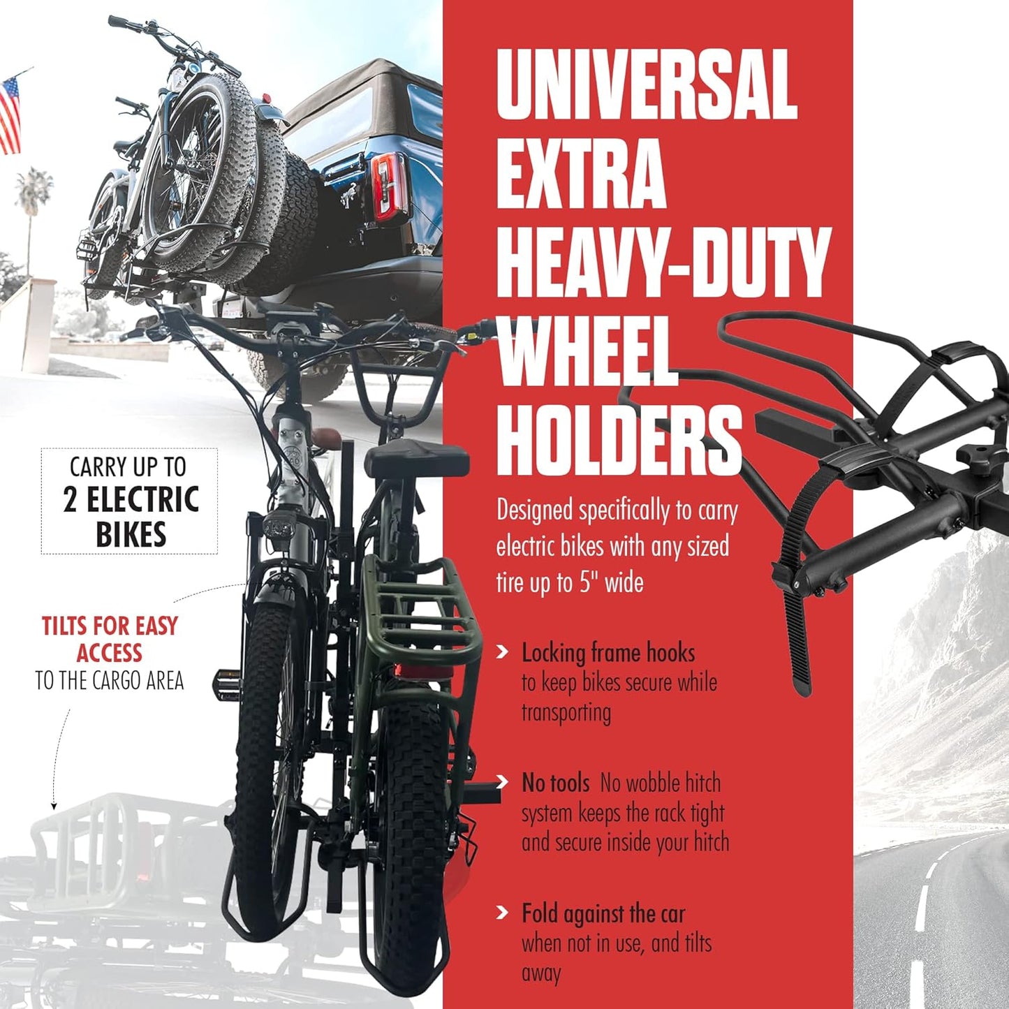 Racks Sport Rider 2" Hitch Bike Rack – Heavy Duty Foldable Ebike Carrier, 80 lbs Per Bike, Fits Fat Tire & Electric Bicycles for Car Truck SUV