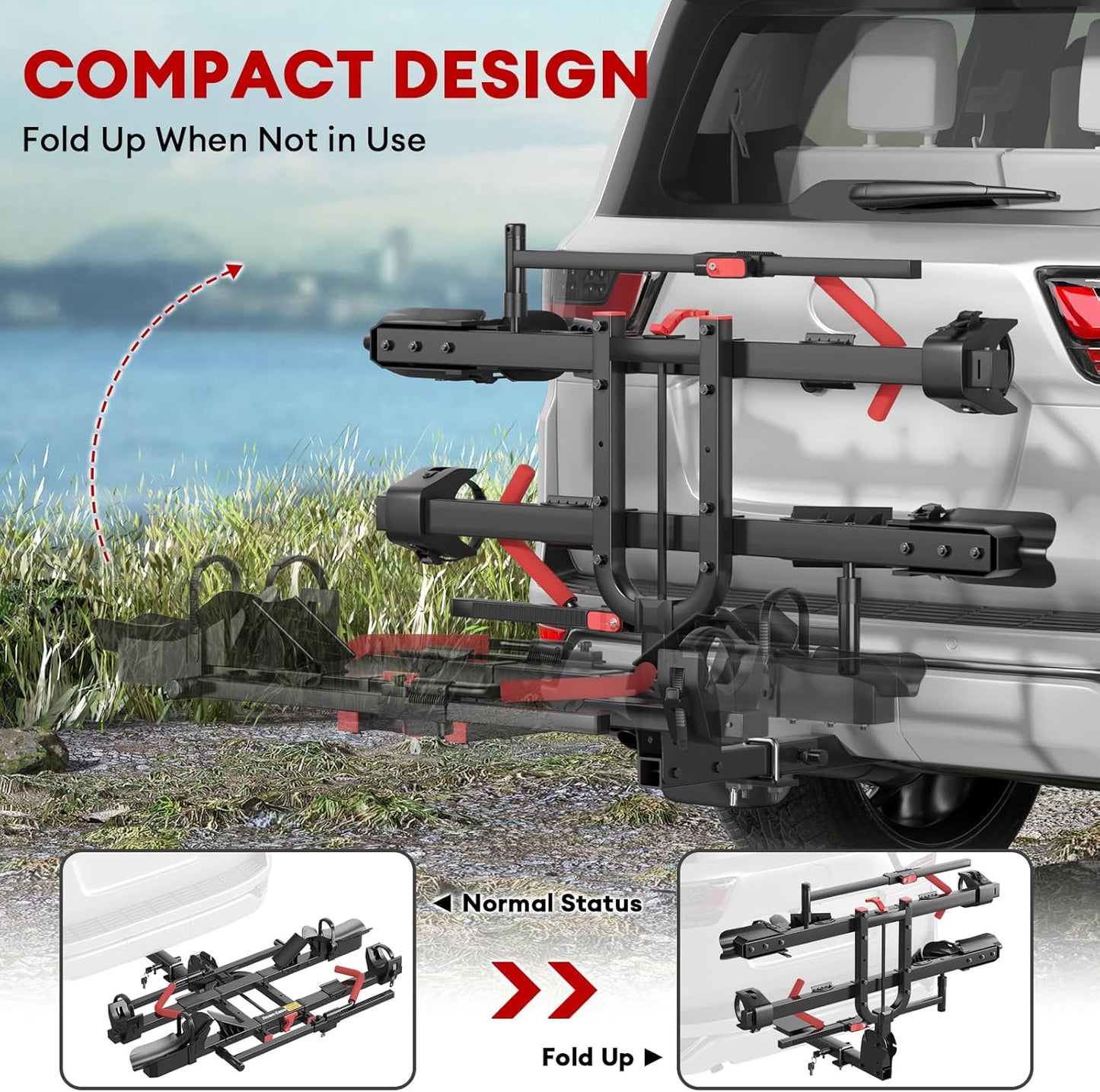 170lbs Bike Rack with Ramp – Foldable Ebike Carrier for 2 Heavy E-Bikes, Fat Tire up to 5", Fits 2" Hitch SUV RV Trailer