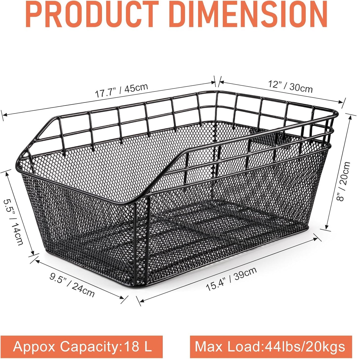 Large Rear Bike Basket - Heavy-Duty Wire Cargo Basket with Cargo Net & Waterproof Cover for Bicycles (Basket Only, Rack Not Included)