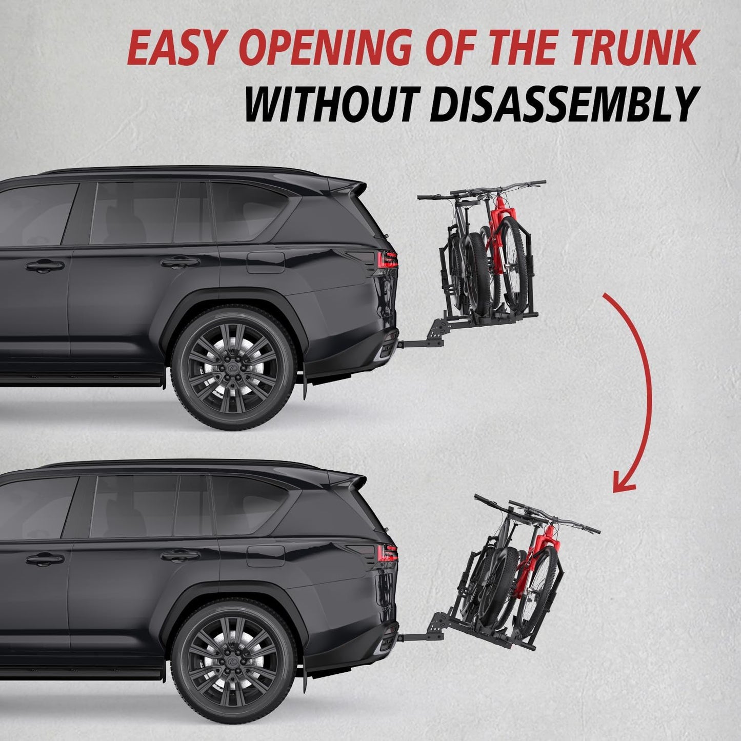 Wheel-Mount 2-Bike Platform Rack Hitch – No Frame Contact Bike Carrier for Car SUV Truck, 200Lbs Heavy Duty for 4.7" Fat Tire E-Bikes, 2" Receiver Tilting Folding Black