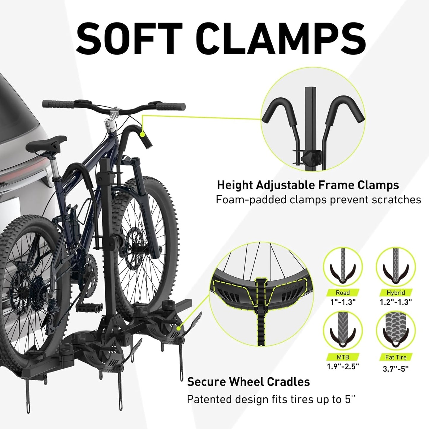 65lbs Per Bike Hitch Ebike Rack – Patented Anti-Wobble Tilting Folding Platform, 2-Inch Receiver, Fits Fat Tire Mountain Electric Road Bikes for Cars SUV