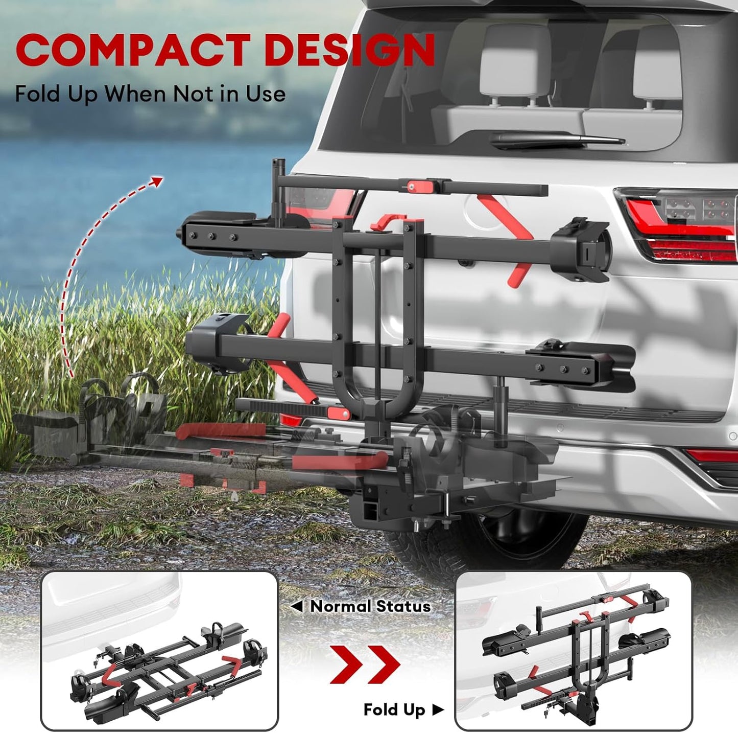 Heavy Duty 2-Bike Hitch Rack with Ramp | 170lb Capacity Foldable E-Bike Carrier for 5" Fat Tires