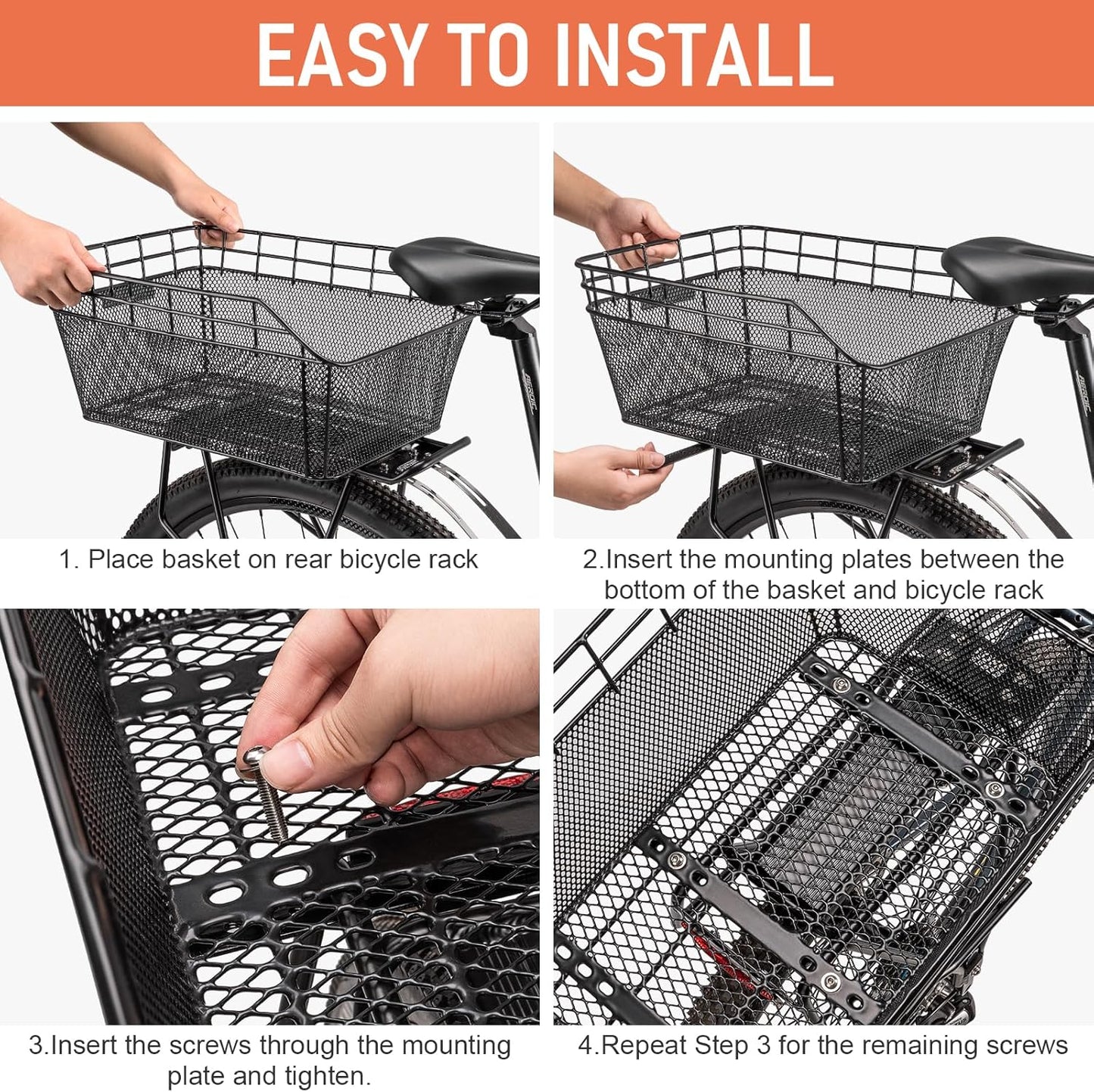 Large Rear Bike Basket - Heavy-Duty Wire Cargo Basket with Cargo Net & Waterproof Cover for Bicycles (Basket Only, Rack Not Included)