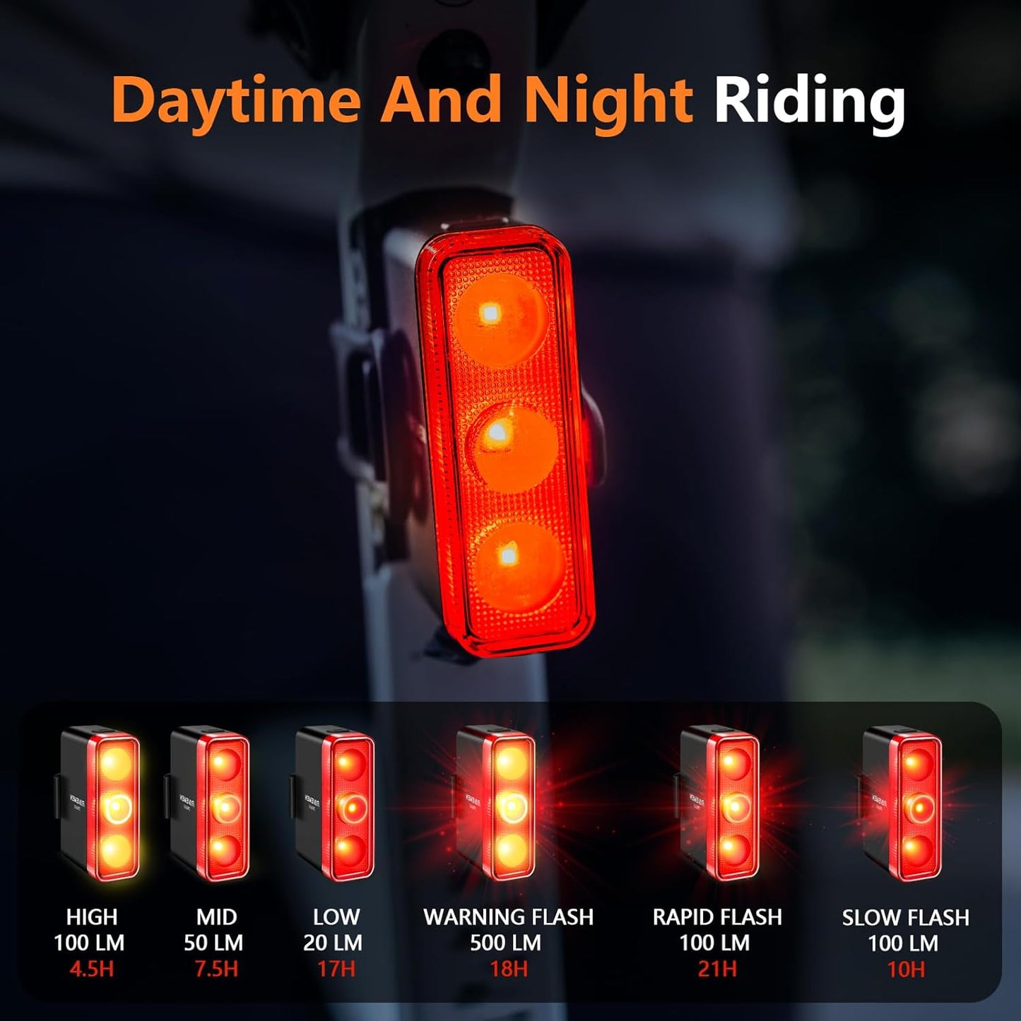 500 Lumens Bike Tail Light with Brake Sensing | USB-C Rechargeable Bicycle Rear Light for Day & Night Riding | 6 Modes, Side Visibility, Fits Round & Aero Seat Posts