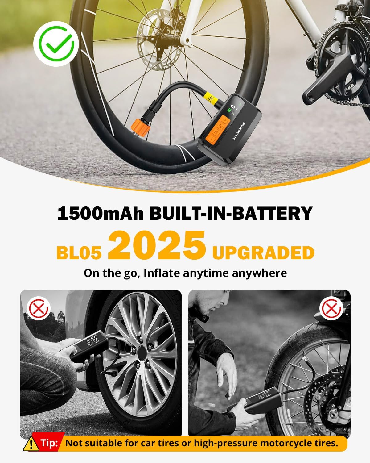 New 120 PSI Electric Bike Pump with Gauge - Ultra-Fast Portable Bicycle Pump for Road, MTB, E-Bike Tires | Pocket-Sized & High Pressure