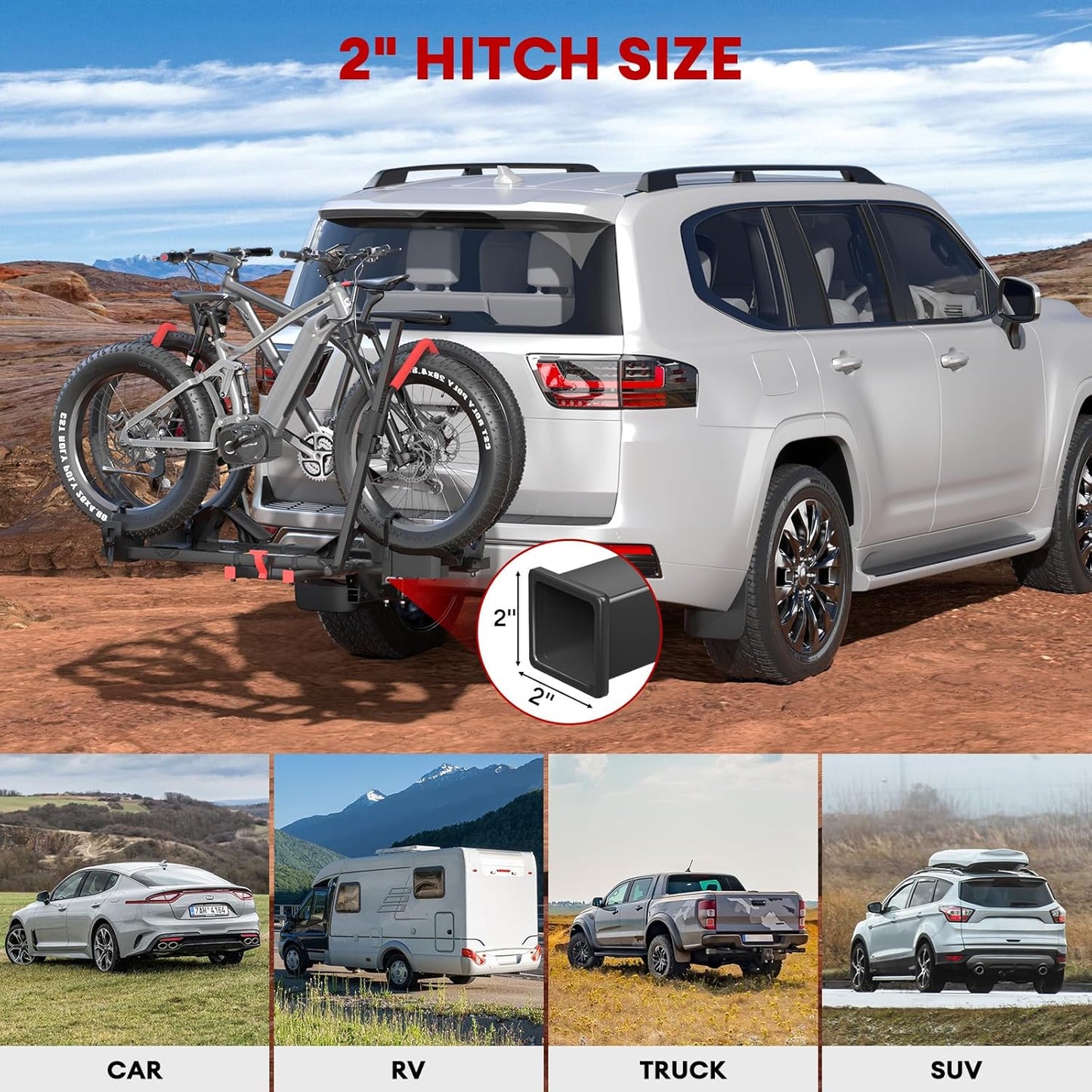 170lbs Bike Rack with Ramp – Foldable Ebike Carrier for 2 Heavy E-Bikes, Fat Tire up to 5", Fits 2" Hitch SUV RV Trailer