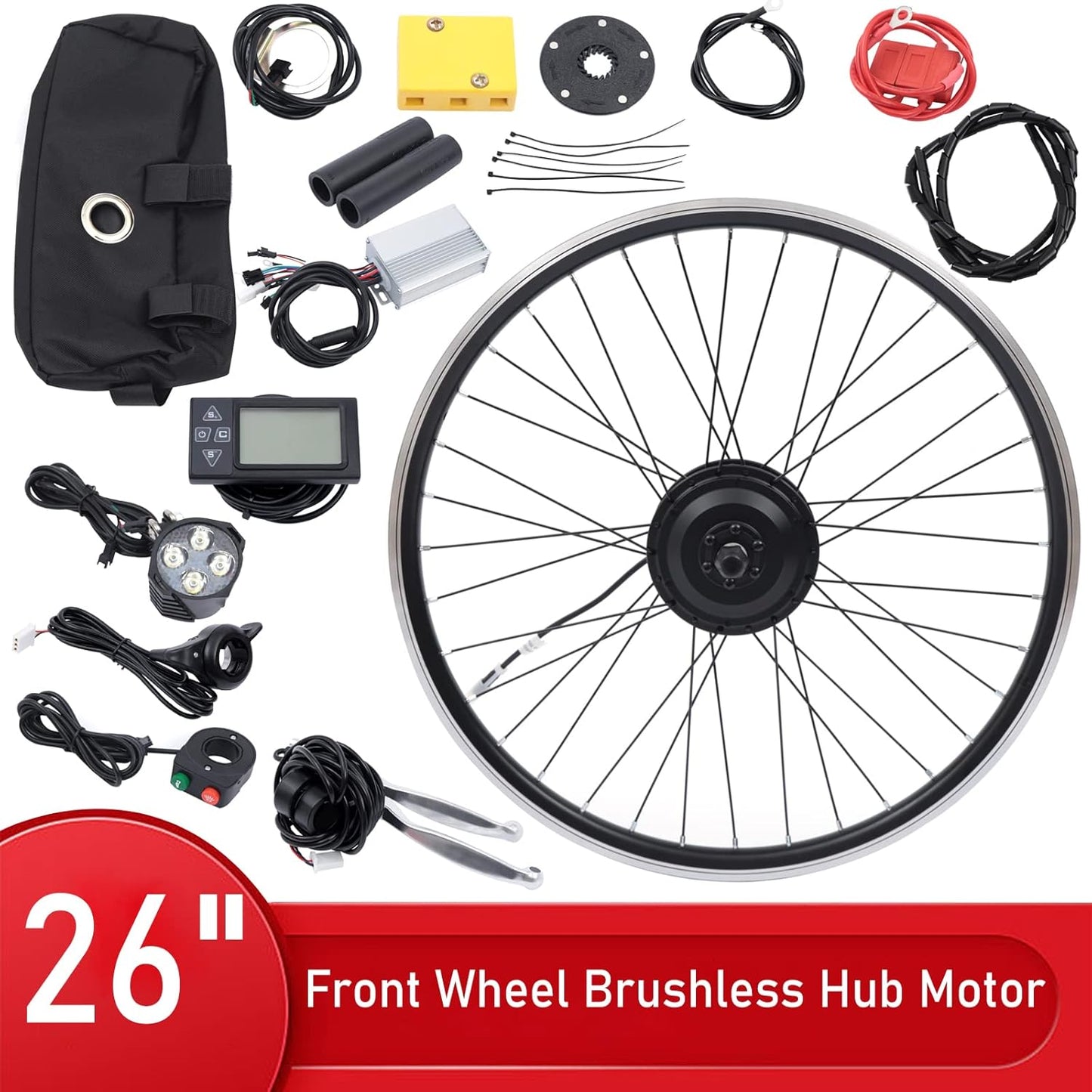 36V 350W Electric Bike Conversion Kit 26 Inch Front Wheel E-Bike Motor Hub Motor Set 5 Speed Adjustable 35 Km/H Electric Bicycle Kit LCD Display Controller for Mountain Bike Road Cycling Commuter