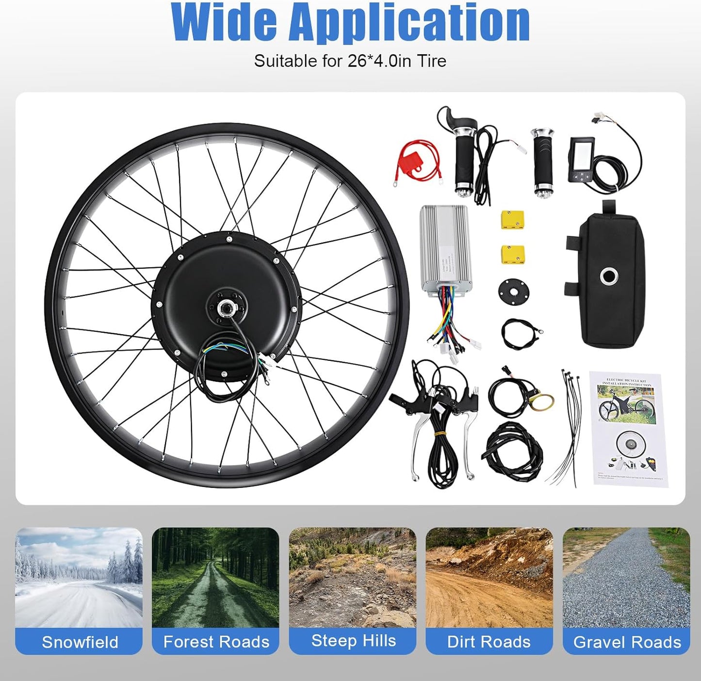 1500W 48V E-Bike Conversion Kit - 26" Rear Wheel Motor for Fat Tire Bicycles