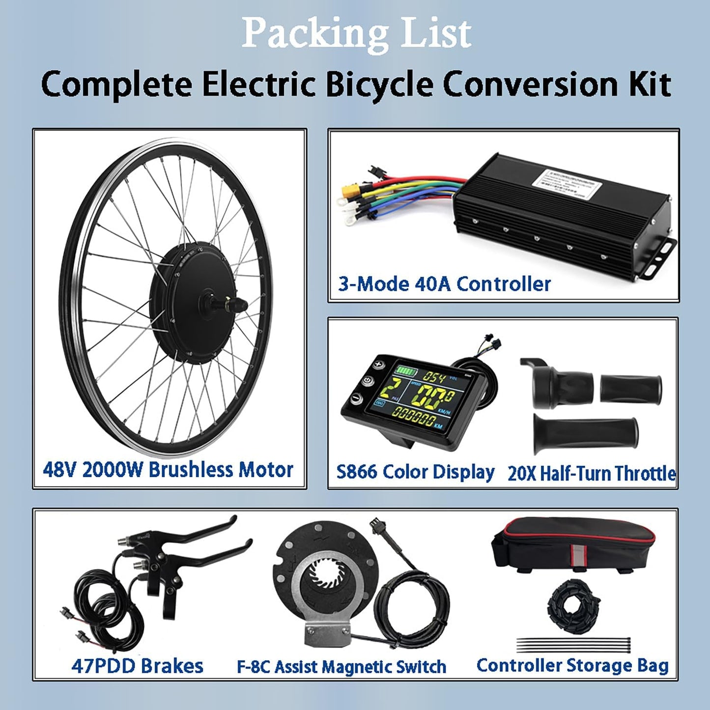 2000W 48V Front Wheel E-Bike Conversion Kit - Fits 20" to 29" Bikes | Includes S866 LCD Display & 40A Controller | Mountain/Road Bike Electric Motor Kit