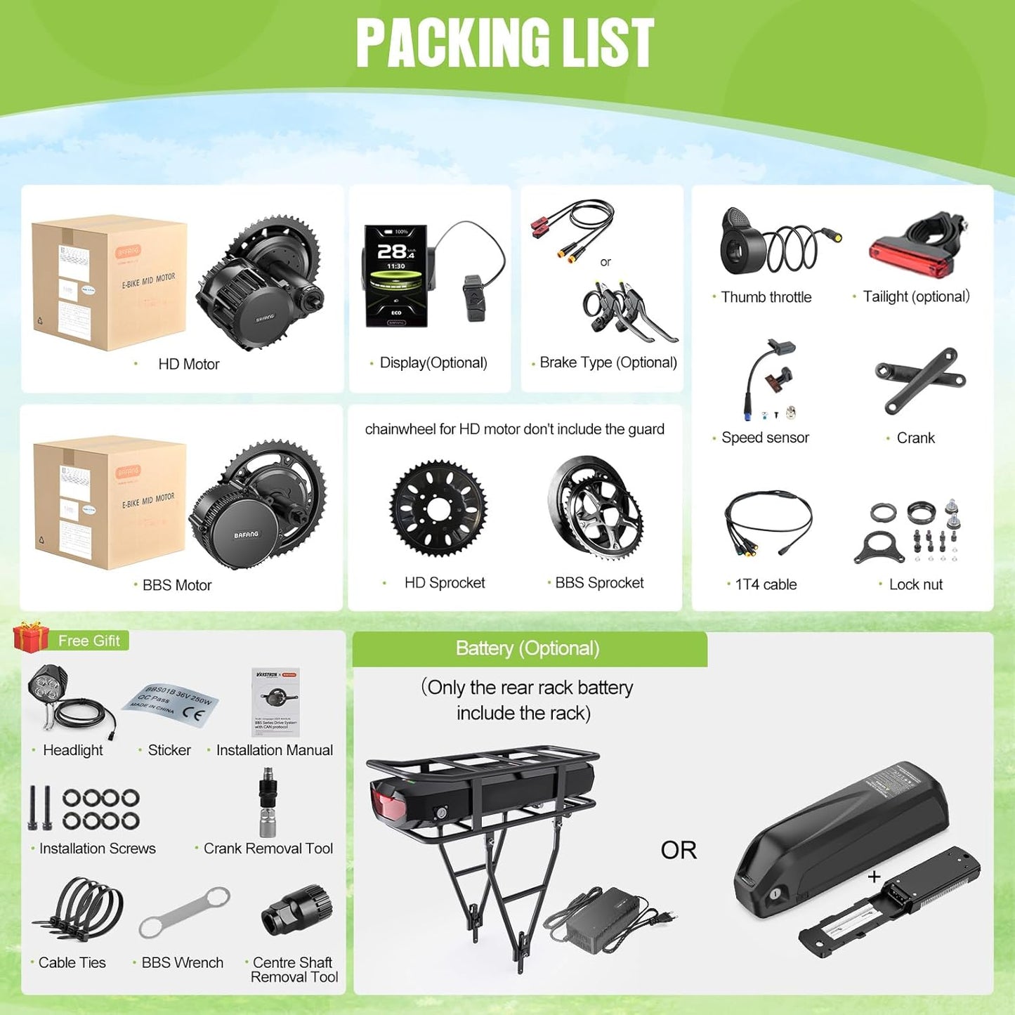 BAFANG Mid Drive Ebike Conversion Kit - 500W/750W/1000W BBS02B HD Motor with LCD Display & Battery | E-Bike Motor Kits