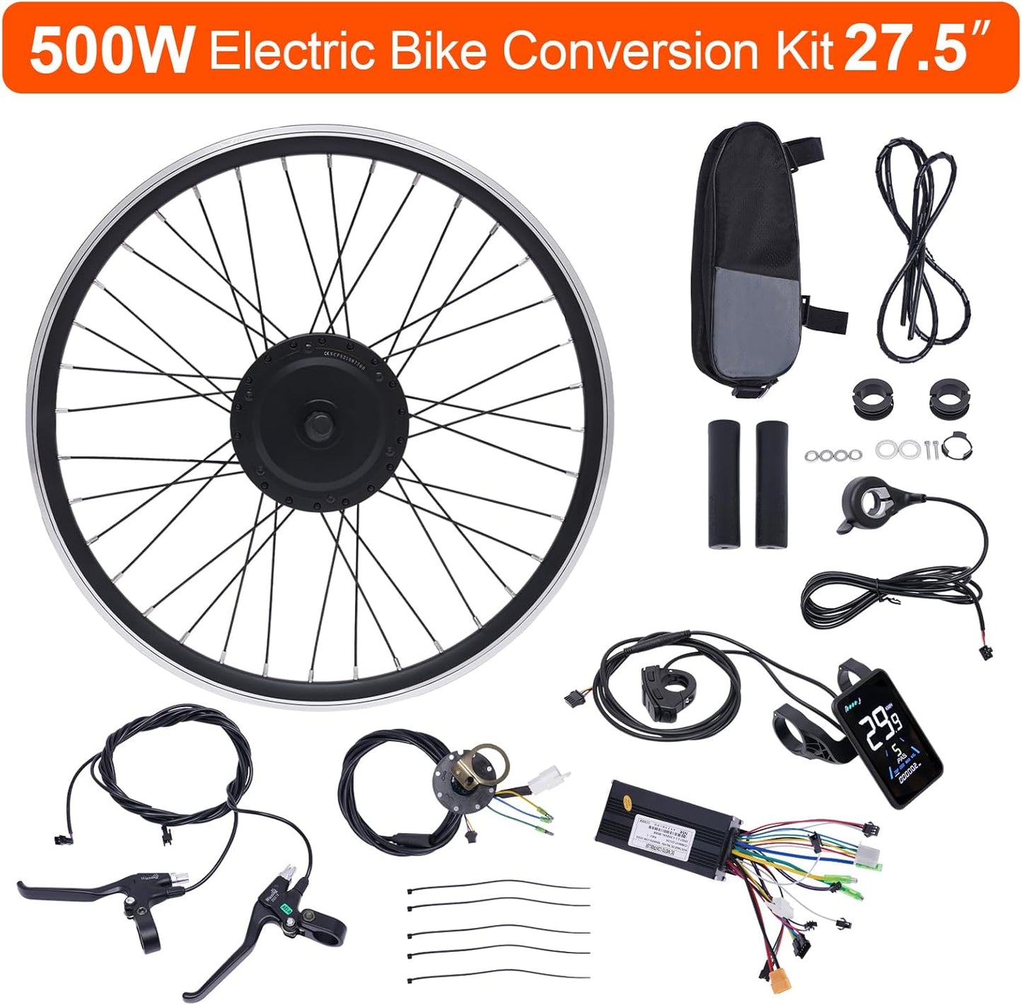 36V 500W Electric Bike Conversion Kit 27.5 Front Wheel Hub Motor E-Bike Kit 5 Speed Adjustable 40km/H LCD Display