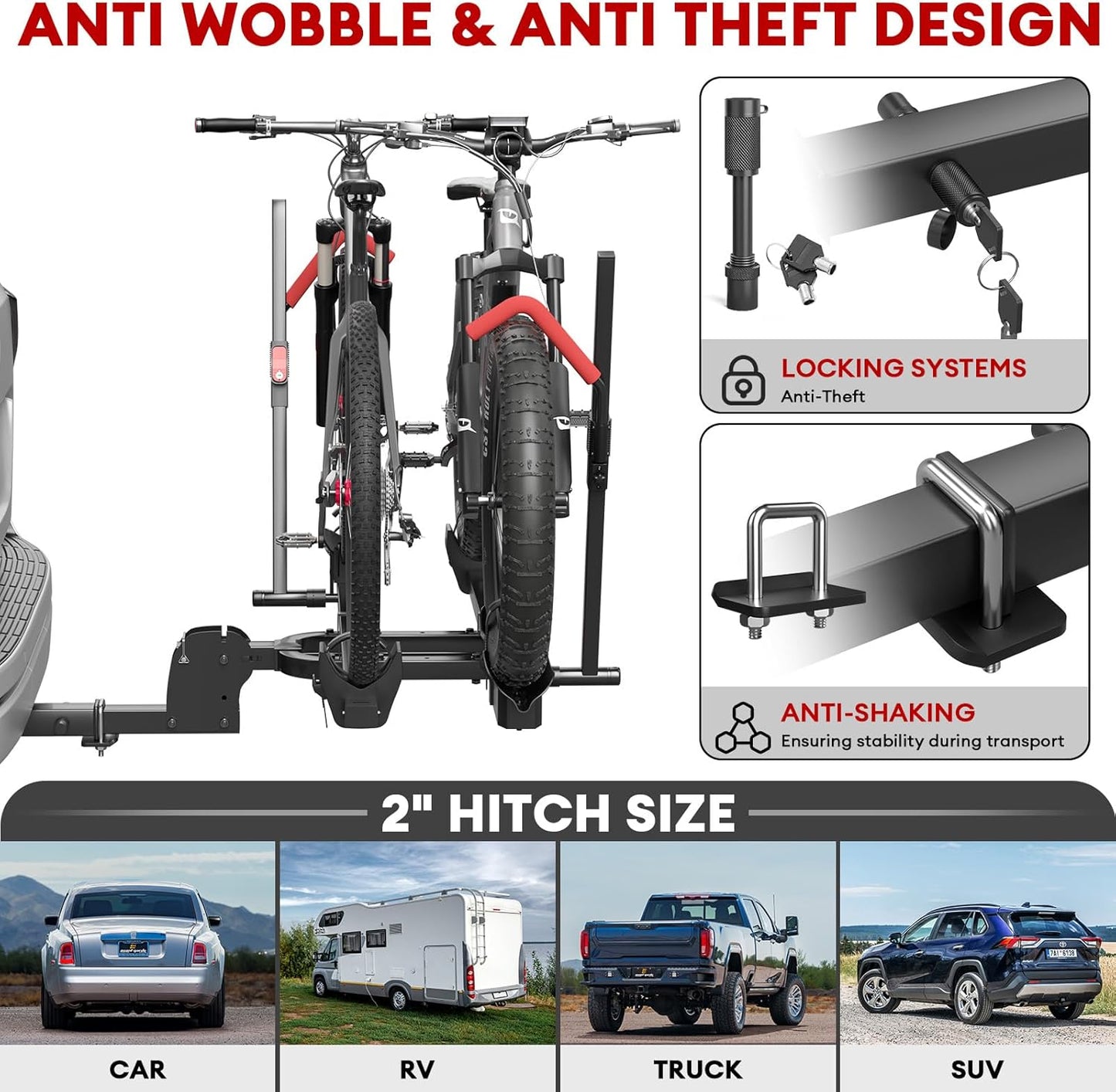 Heavy Duty 2-Bike Hitch Rack with Ramp | 170lb Capacity Foldable E-Bike Carrier for 5" Fat Tires