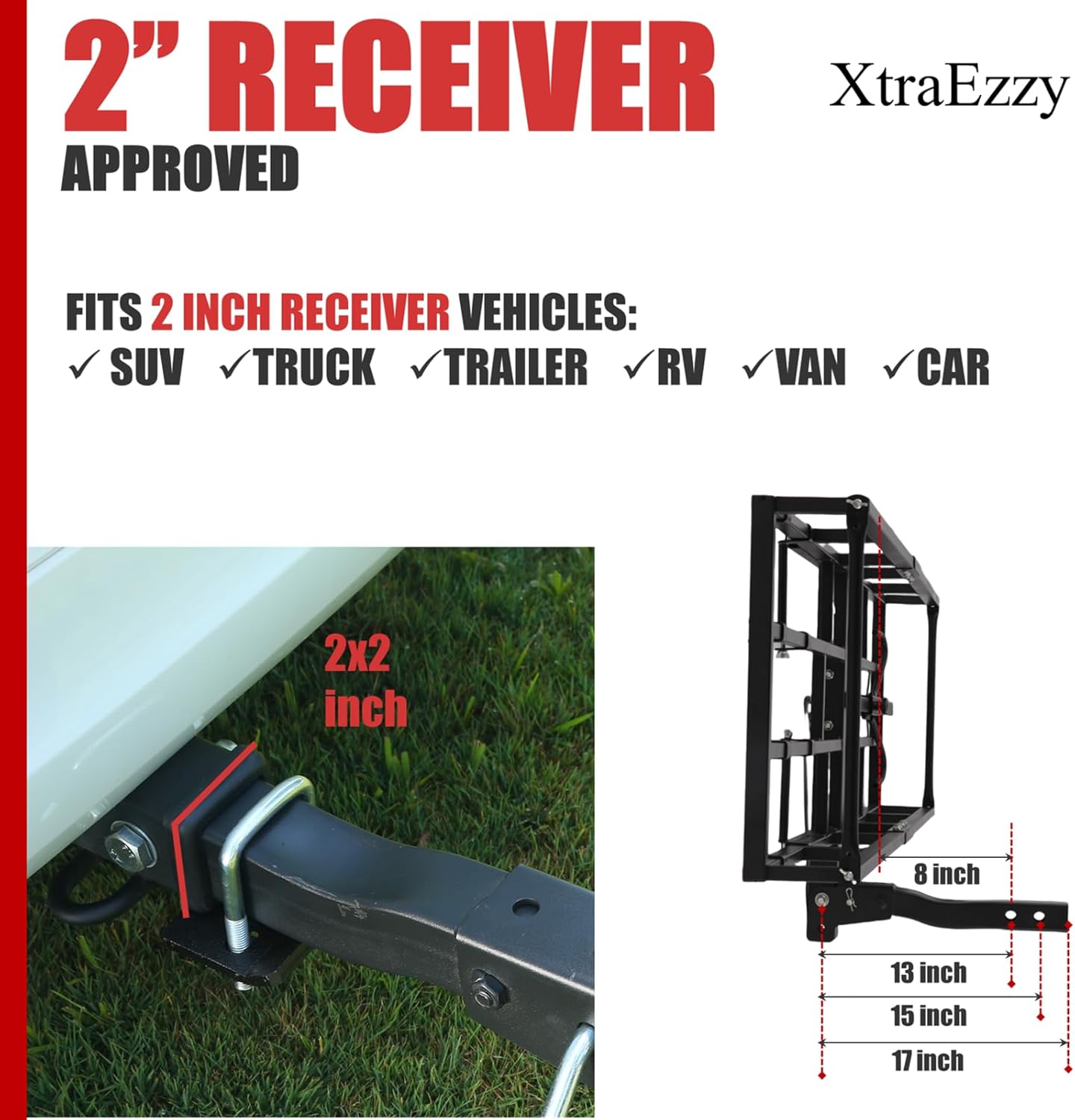 Hitch-Mount Ebike Rack Heavy-Duty – Fits 2 Electric Fat-Tire Mountain Bicycles, 2" Receiver for Car SUV Truck RV Minivan, Red with Cargo Carrier