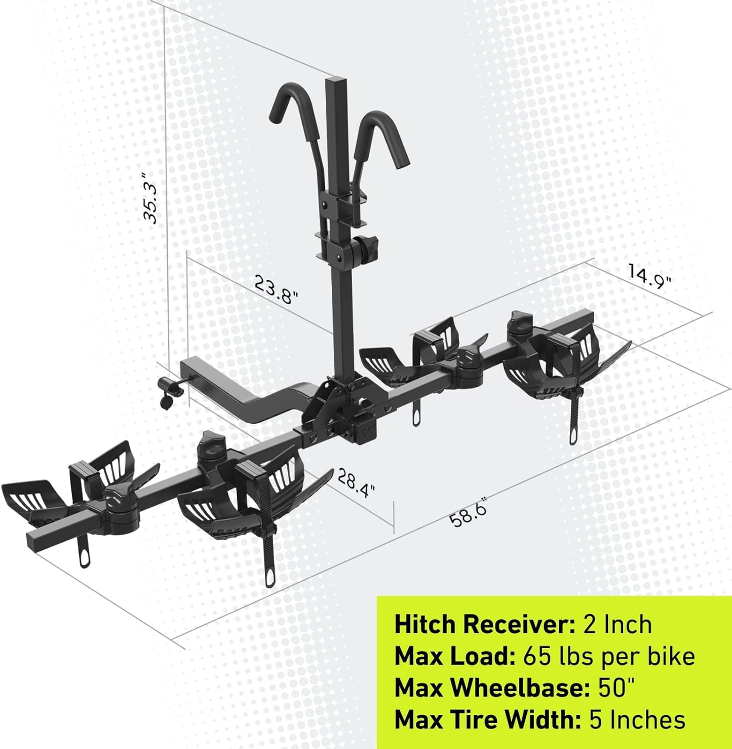 65lbs Per Bike Hitch Ebike Rack – Patented Anti-Wobble Tilting Folding Platform, 2-Inch Receiver, Fits Fat Tire Mountain Electric Road Bikes for Cars SUV