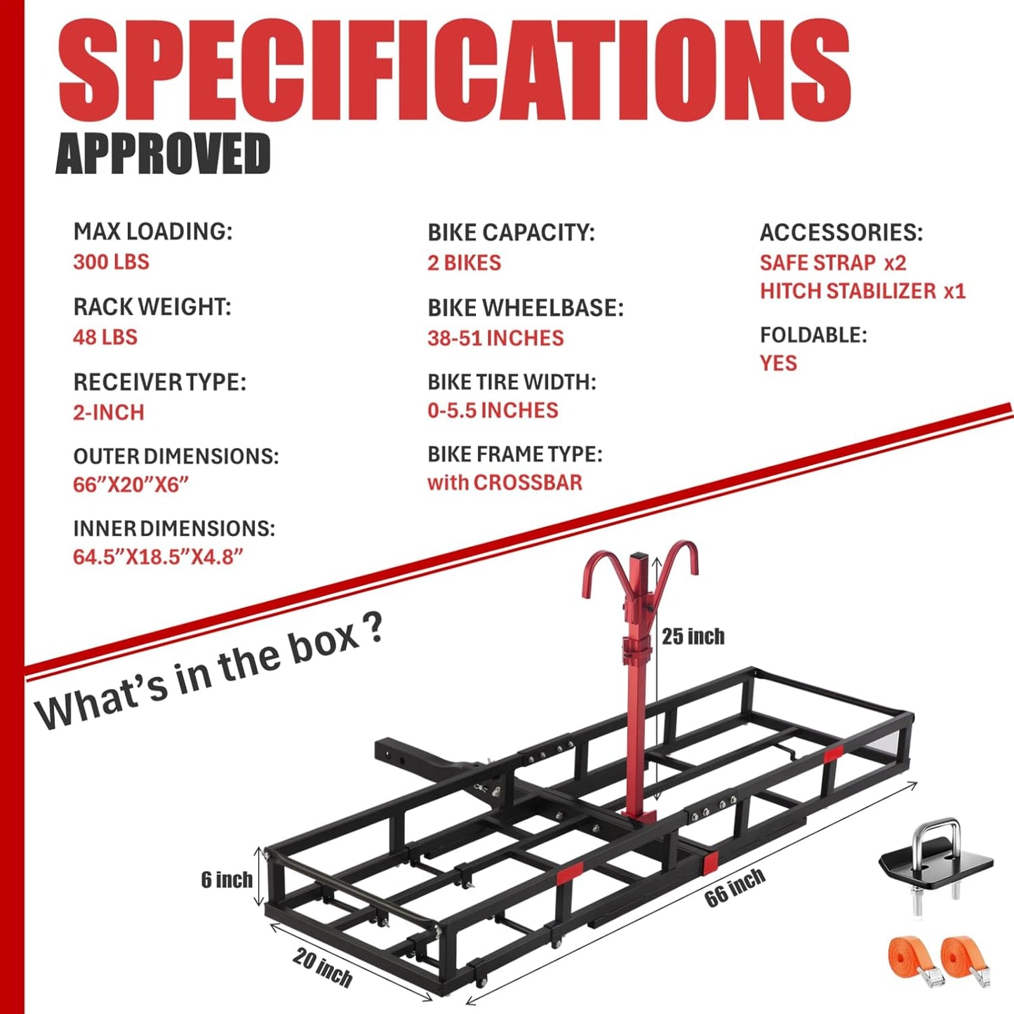 Hitch-Mount Ebike Rack Heavy-Duty – Fits 2 Electric Fat-Tire Mountain Bicycles, 2" Receiver for Car SUV Truck RV Minivan, Red with Cargo Carrier