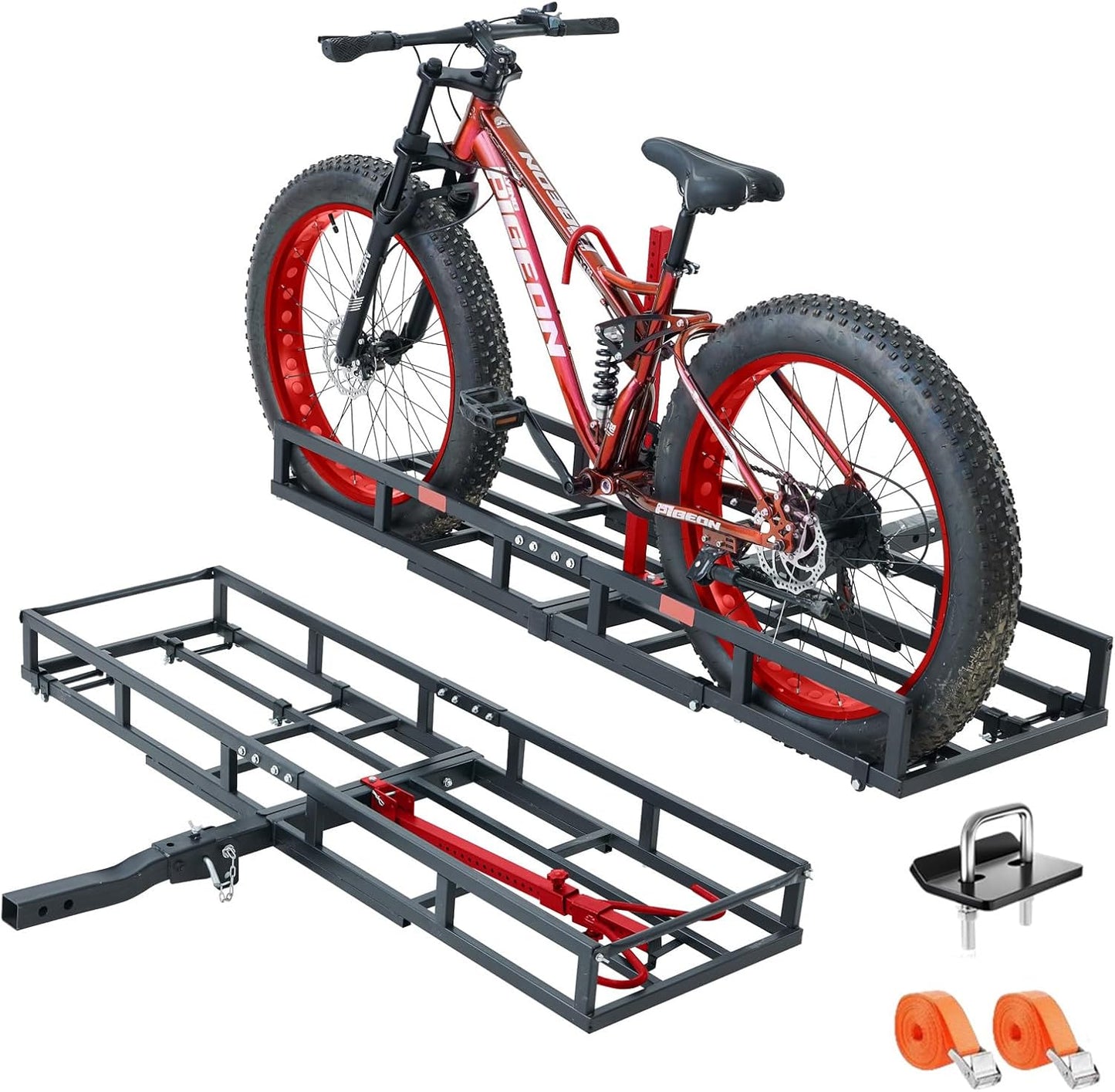 Hitch-Mount Ebike Rack Heavy-Duty – Fits 2 Electric Fat-Tire Mountain Bicycles, 2" Receiver for Car SUV Truck RV Minivan, Red with Cargo Carrier