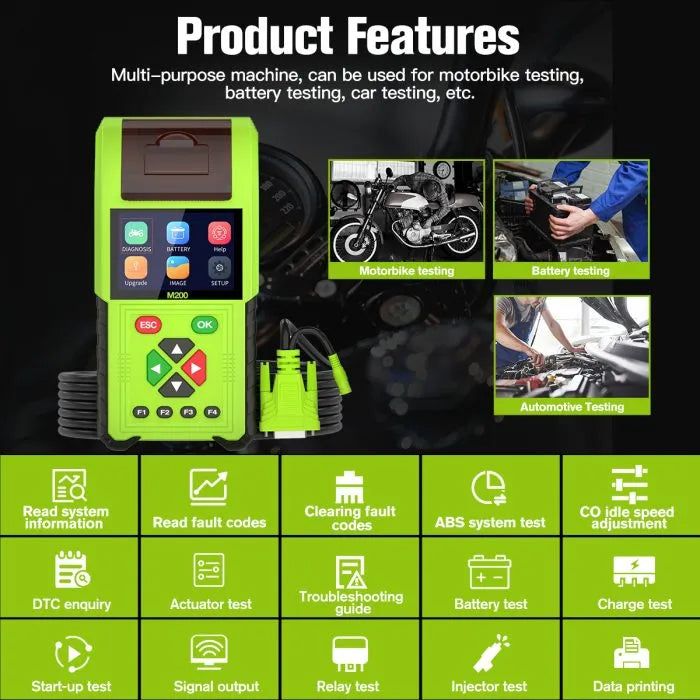 JDiag M200 Motorcycle obd 2 scanner, Relay Test,Sensor Signal Simulation,Injector Test For BMW Yamaha Honda Kawasaki Suzuki