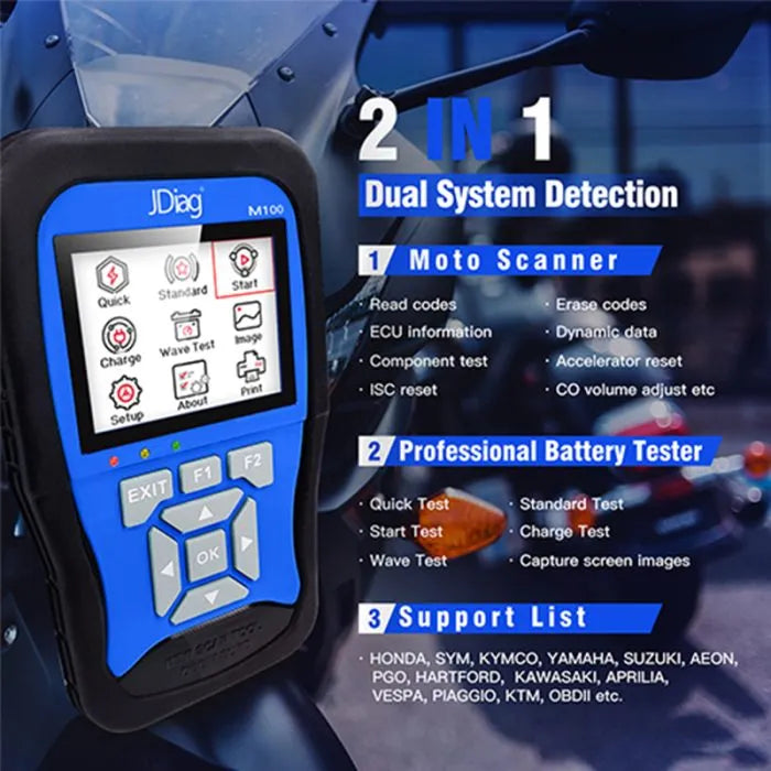 JDiag M100 OBD Motorcycle Multi-Language Diagnostic Scanner, Battery tester for motorcycle, Code Reader for Honda Kawasaki Yamaha Suzuki