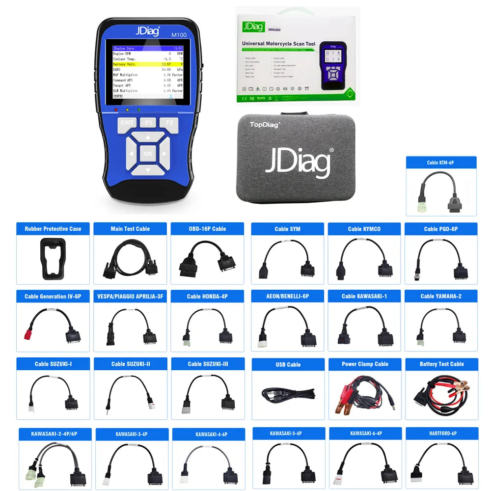 JDiag M100 OBD Motorcycle Multi-Language Diagnostic Scanner, Battery tester for motorcycle, Code Reader for Honda Kawasaki Yamaha Suzuki